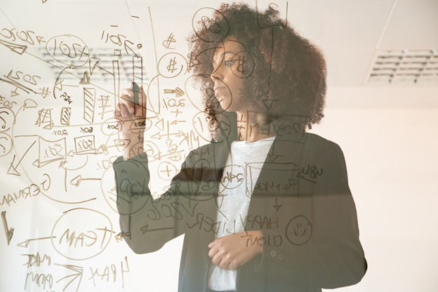 Startups woman writing on a transparent board.